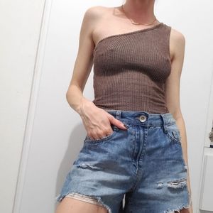 Taupe ribbed one shoulder top